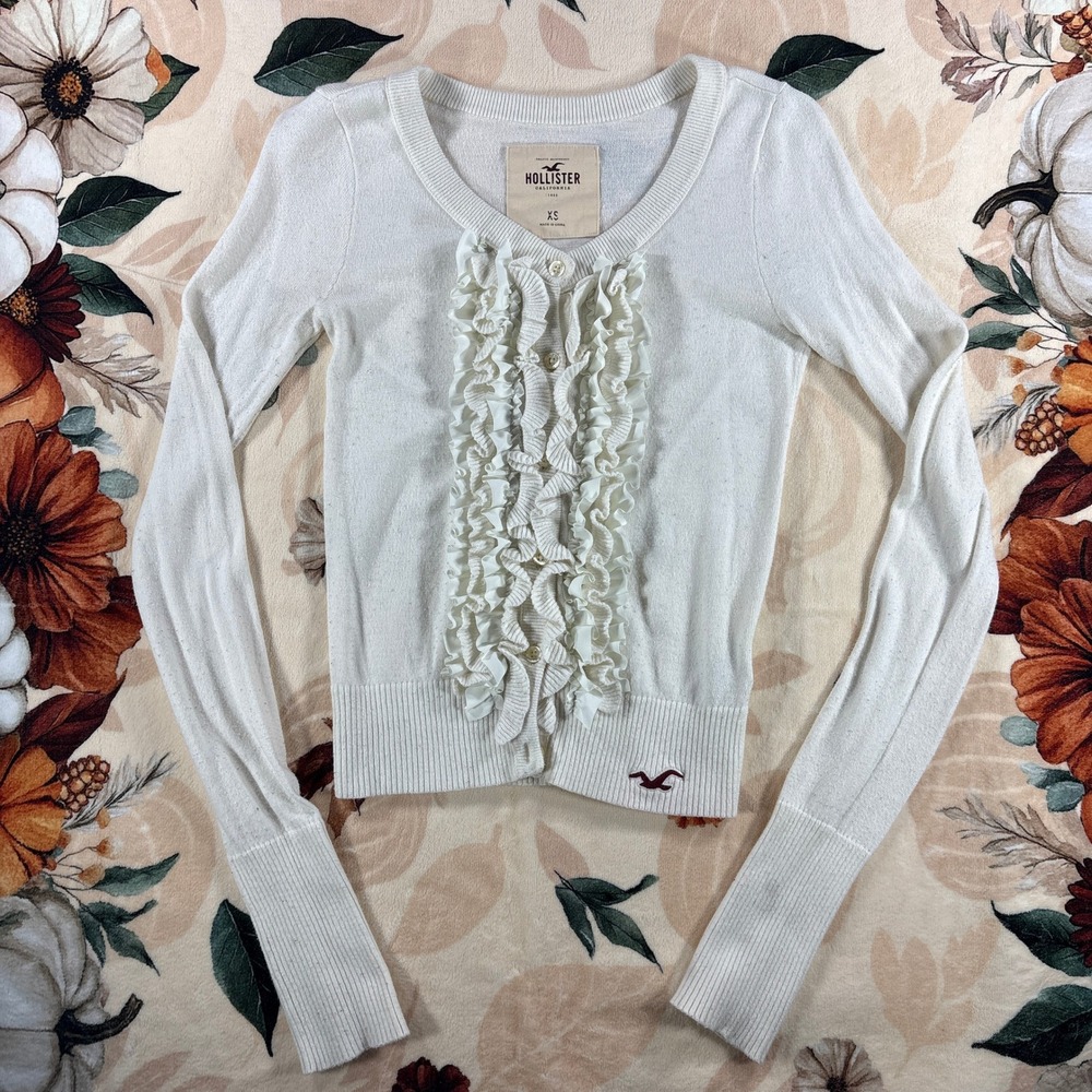 Vintage Y2K Hollister Cream Off White Ruffle Cardigan Sweater Womens Size XS